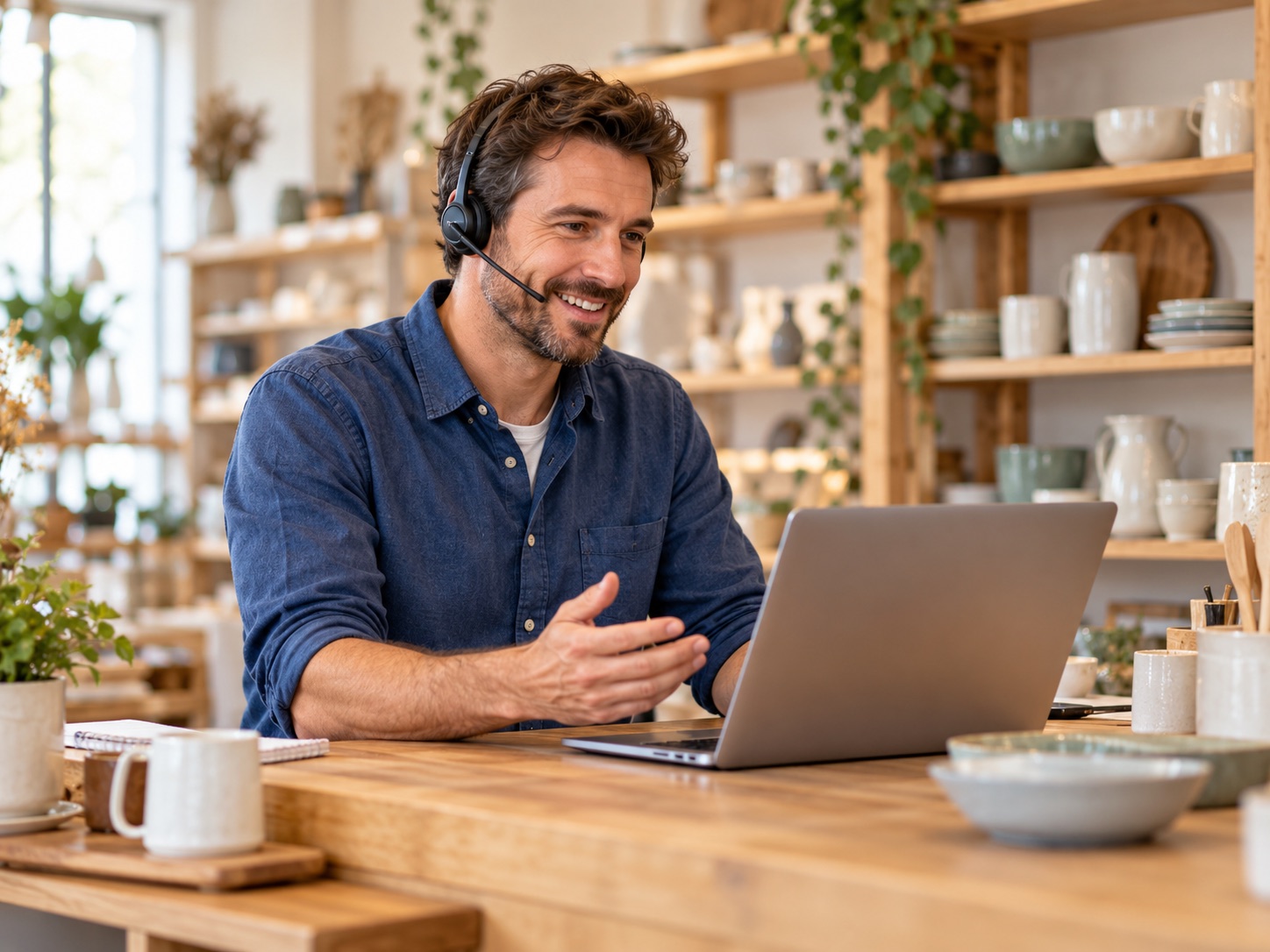 Small-business owner using a headset to help a customer from a shop service desk